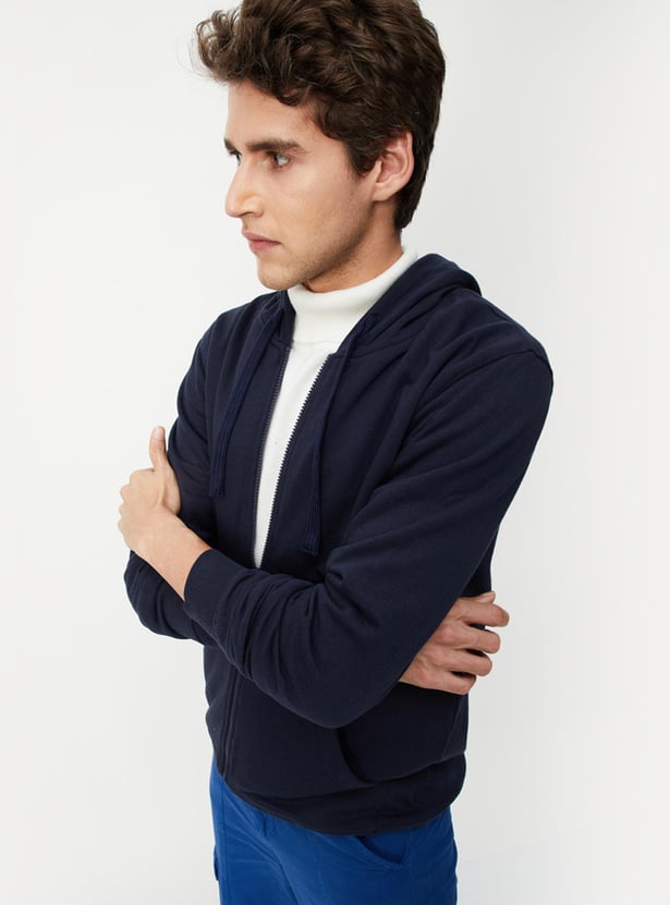 Men Solid Hooded Zip-Up Sweatshirt