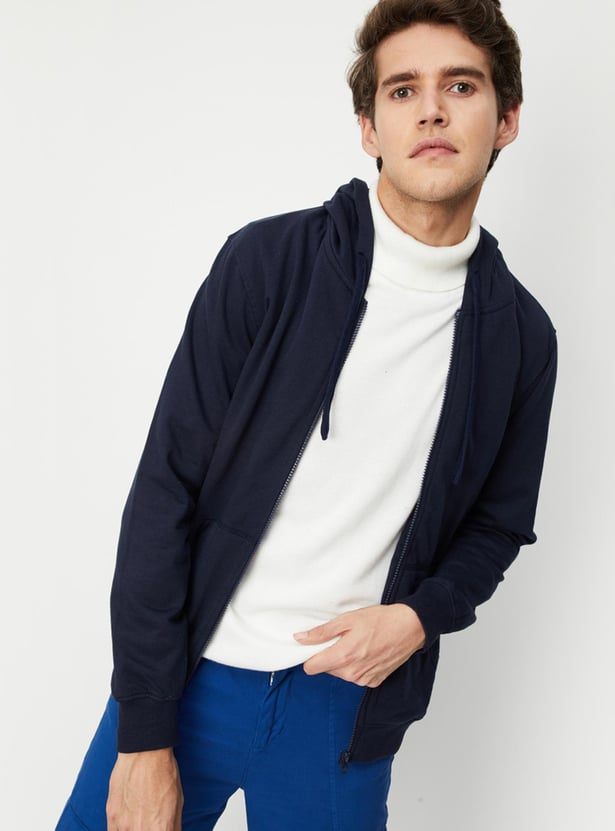 Men Solid Hooded Zip-Up Sweatshirt