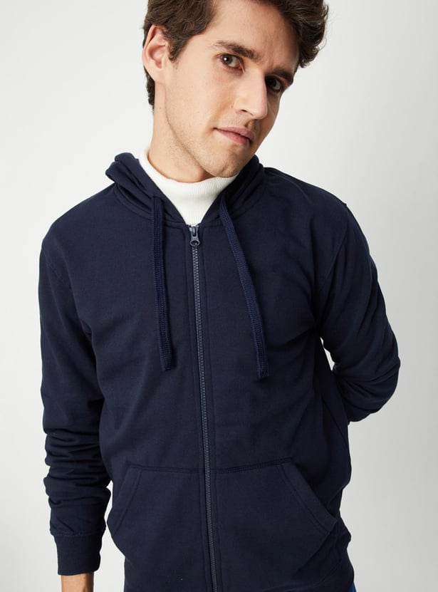 Men Solid Hooded Zip-Up Sweatshirt