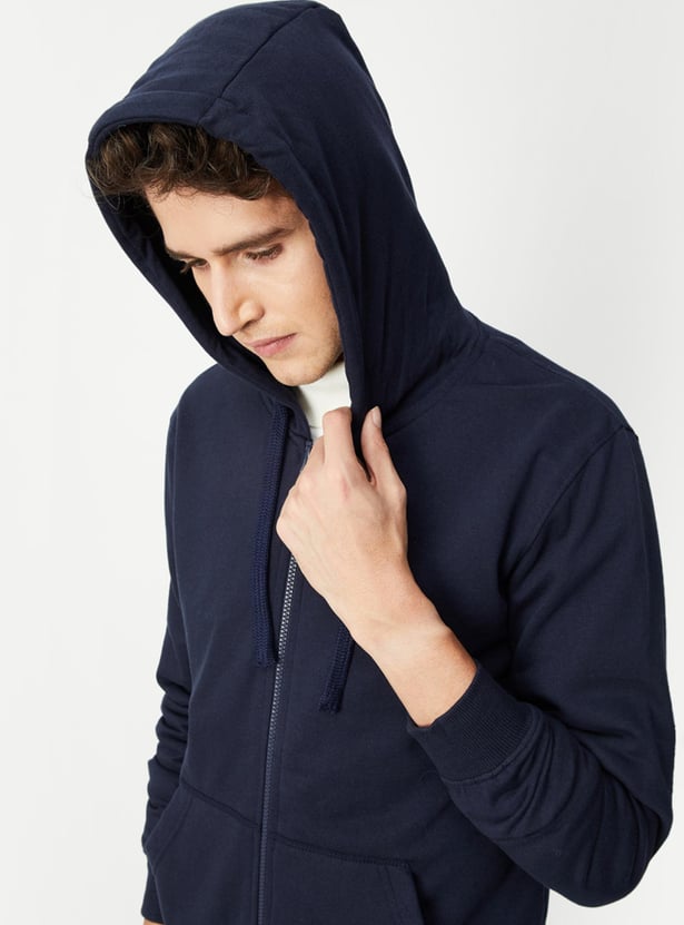 Men Solid Hooded Zip-Up Sweatshirt