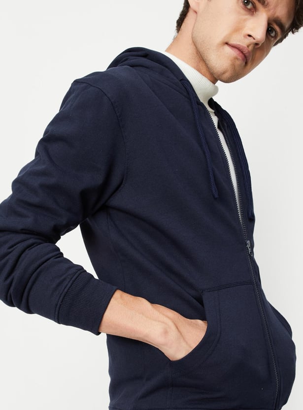 Men Solid Hooded Zip-Up Sweatshirt