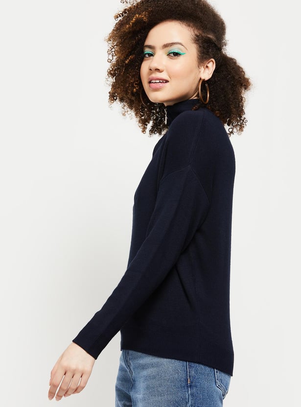 Buy Women Solid High Neck Zip Closure Sweater Online at just Rs