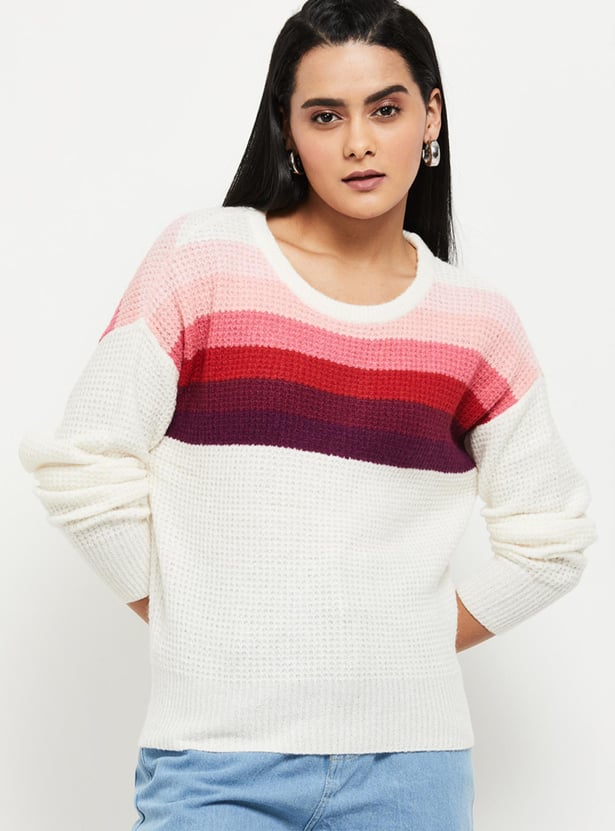 Buy Women Colourblock Drop Shoulder Sweater Online at just Rs