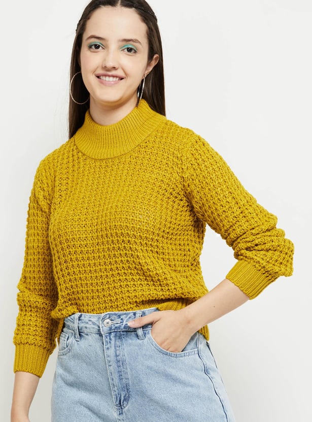 Buy Women Knitted High Neck Sweater Online at just Rs. 1049.0