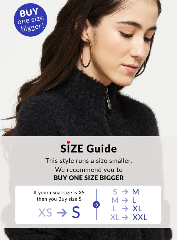 Women Textured Full Sleeves Zip Closure Winter Jacket