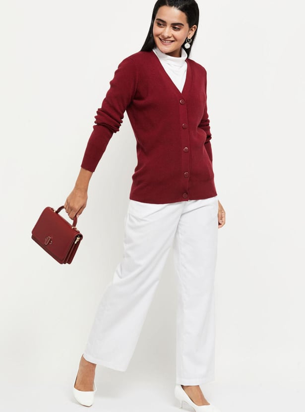 Women Ribbed Knit V-neck Cardigan