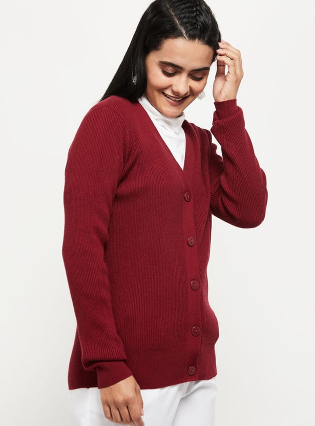 Women Ribbed Knit V-neck Cardigan