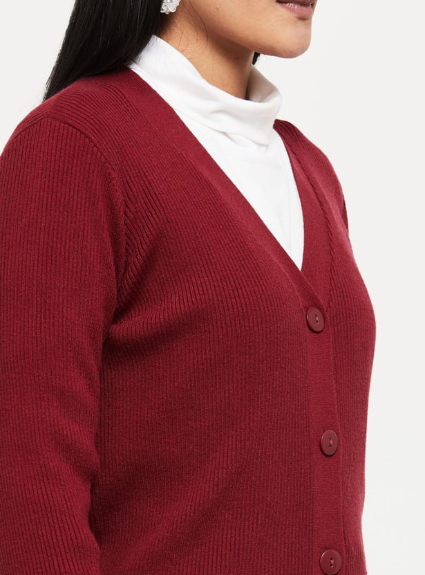 Women Ribbed Knit V-neck Cardigan
