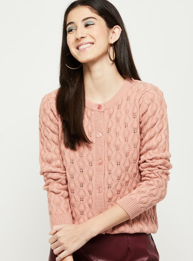 Women Knit Long Sleeve Cardigan with Ribbed Trim