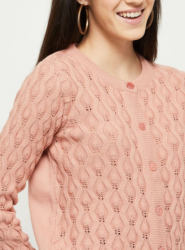 Women Knit Long Sleeve Cardigan with Ribbed Trim