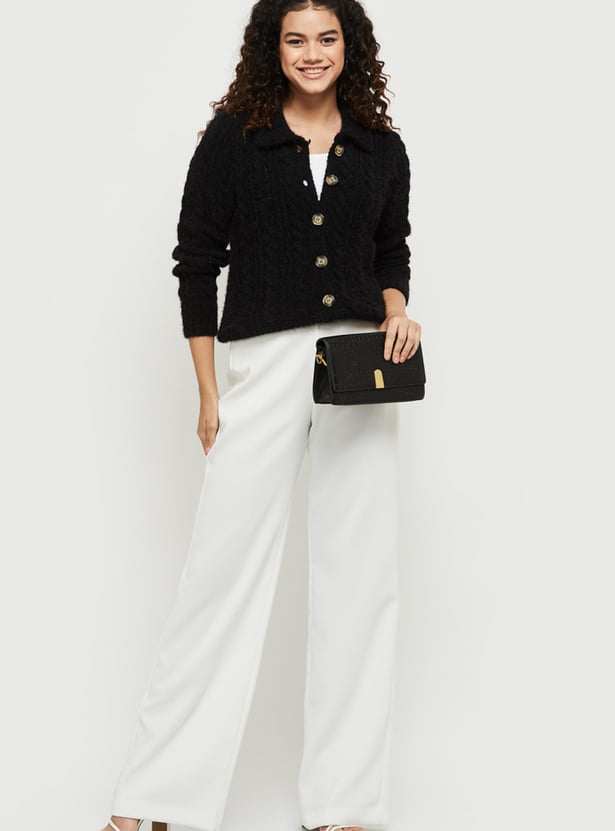 Women Textured Knit Collared Cardigan