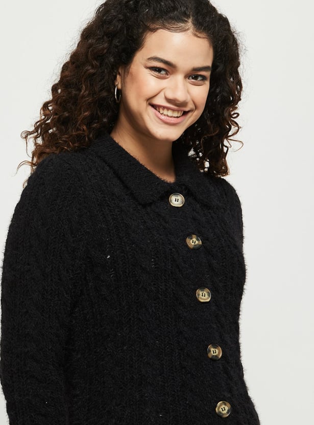 Women Textured Knit Collared Cardigan