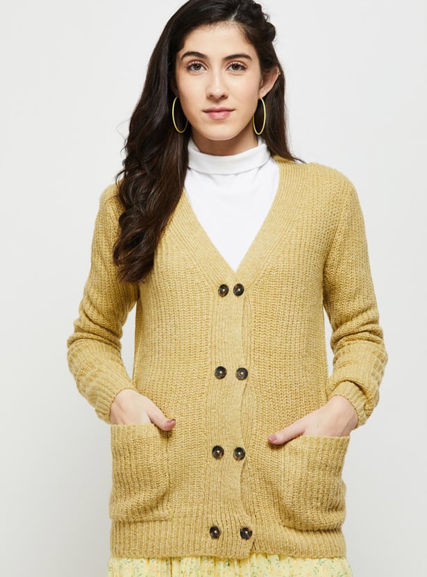 Women Textured Knit V-neck Cardigan