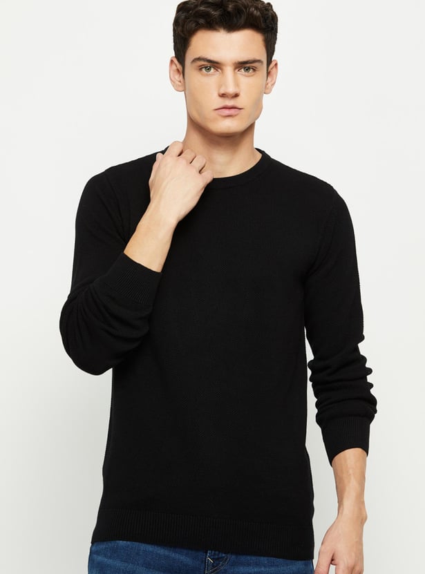 Men Textured Knitted Full Sleeves Sweater