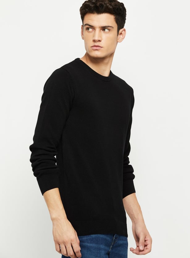 Men Textured Knitted Full Sleeves Sweater