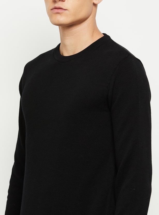Men Textured Knitted Full Sleeves Sweater