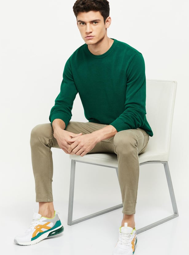 Men Textured Knitted Full Sleeves Sweater