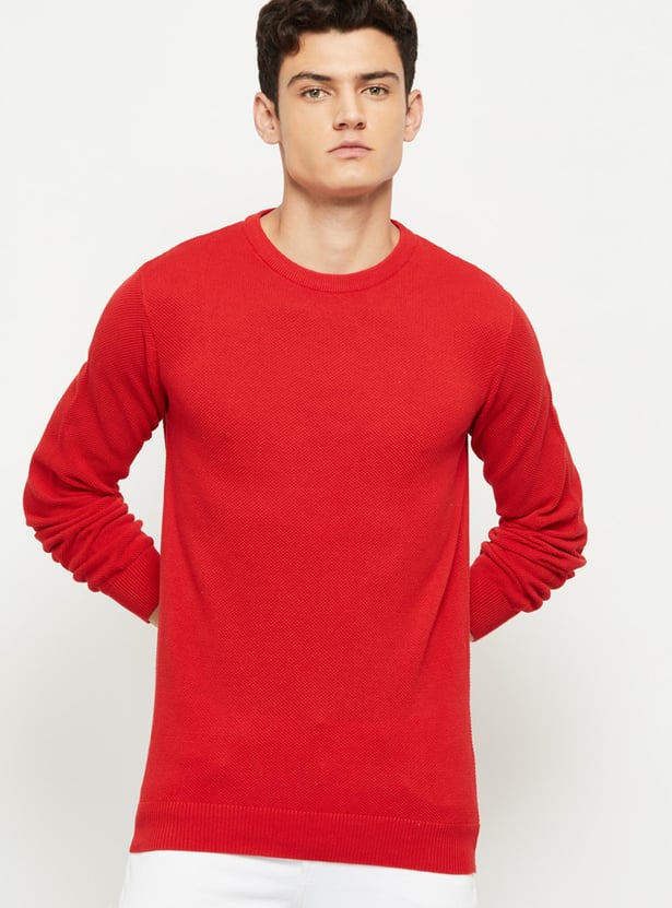 Men Textured Knitted Full Sleeves Sweater