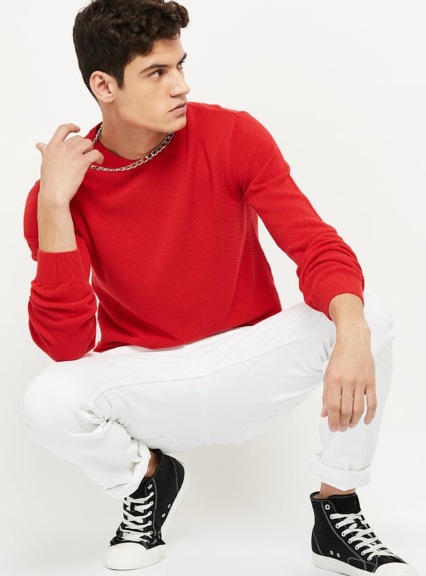 Men Textured Knitted Full Sleeves Sweater