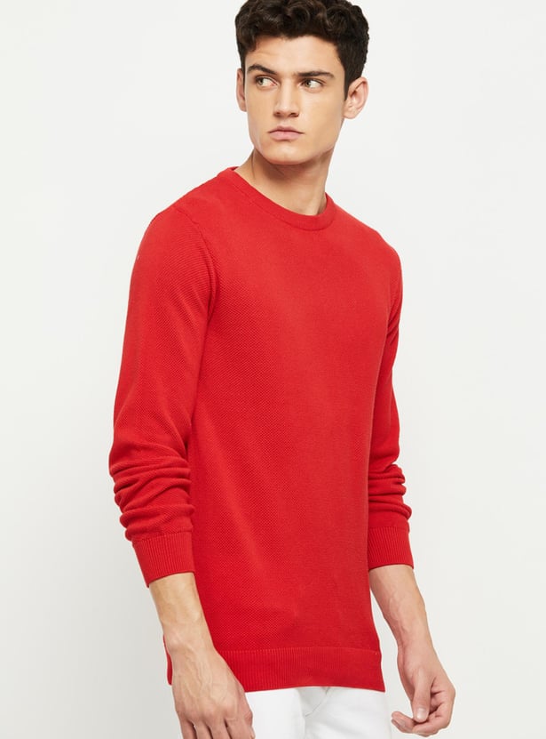 Men Textured Knitted Full Sleeves Sweater