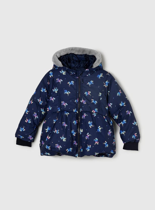 Girls Unicron Printed Full Sleeves Zip Closure Hooded Jacket