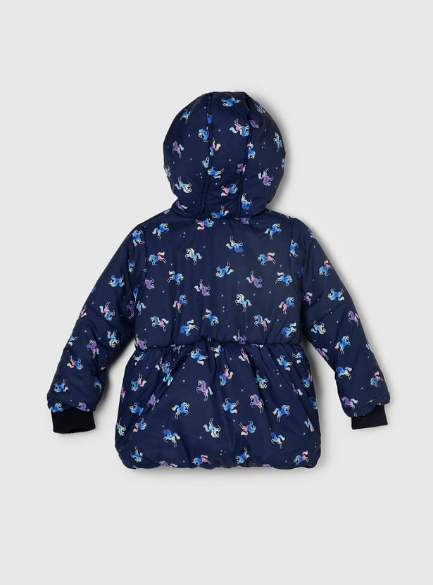 Girls Unicron Printed Full Sleeves Zip Closure Hooded Jacket