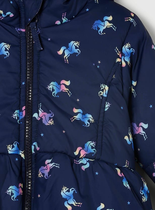 Girls Unicron Printed Full Sleeves Zip Closure Hooded Jacket