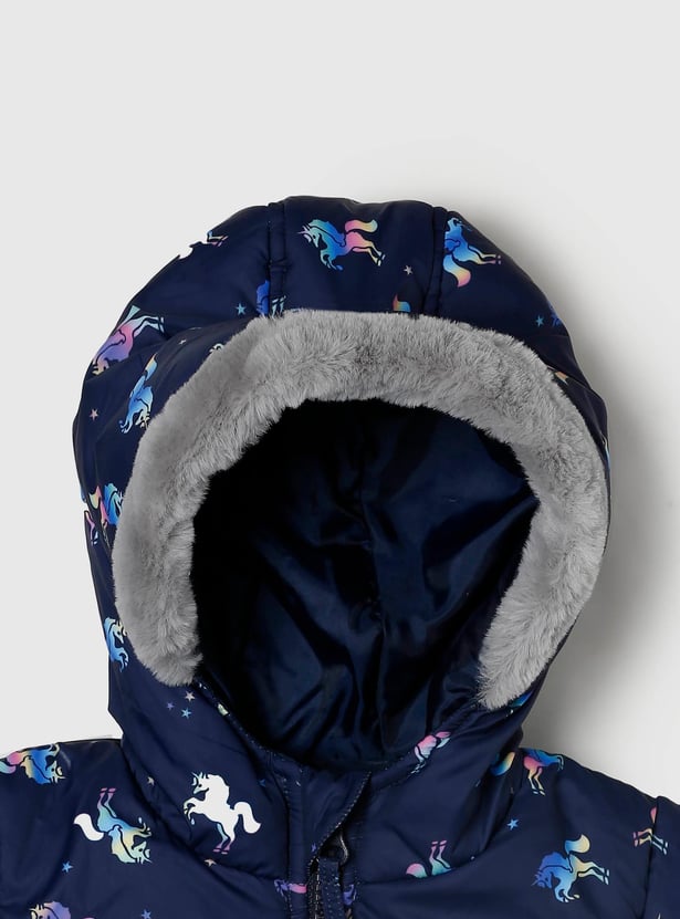 Girls Unicron Printed Full Sleeves Zip Closure Hooded Jacket