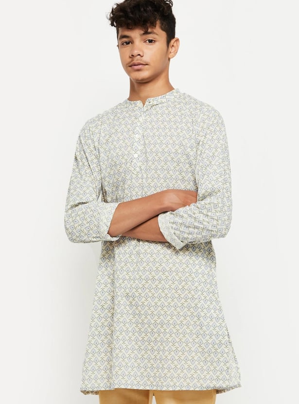 Boys Printed Band Collar Regular Fit Kurta