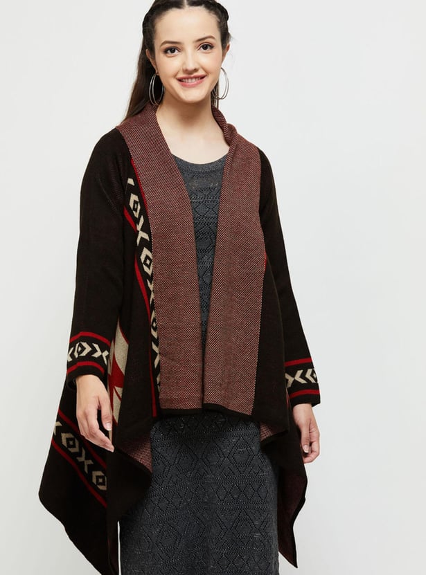 Women Aztec Printed Front-Open Shrug with Asymmetric Hem
