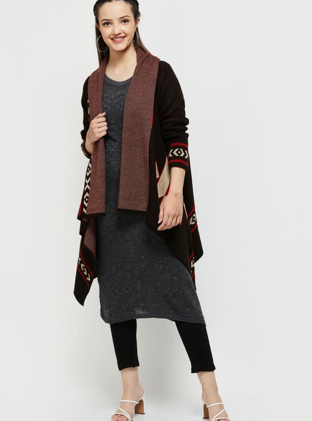 Women Aztec Printed Front-Open Shrug with Asymmetric Hem
