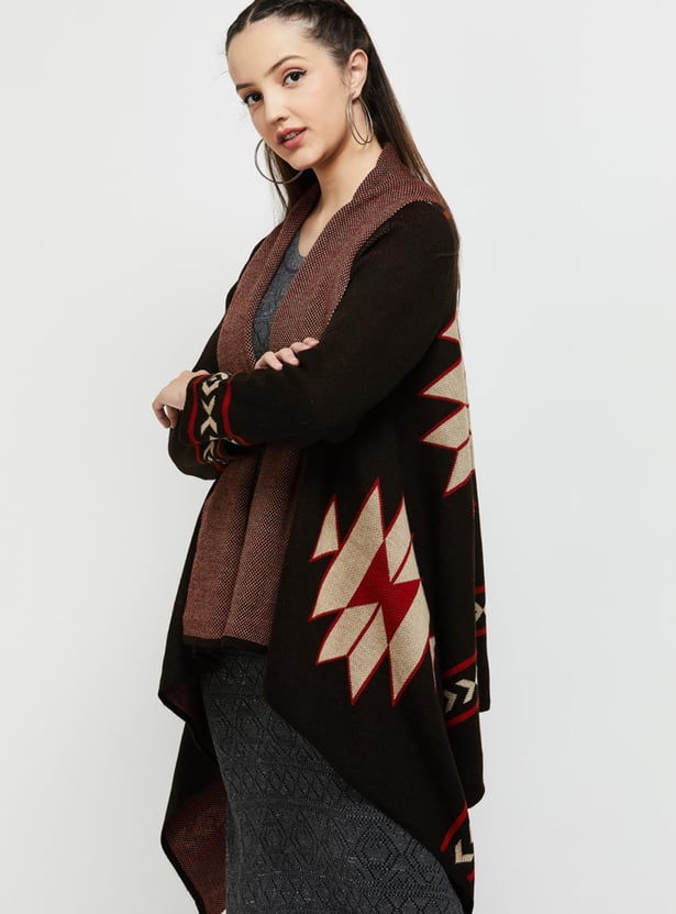 Women Aztec Printed Front-Open Shrug with Asymmetric Hem