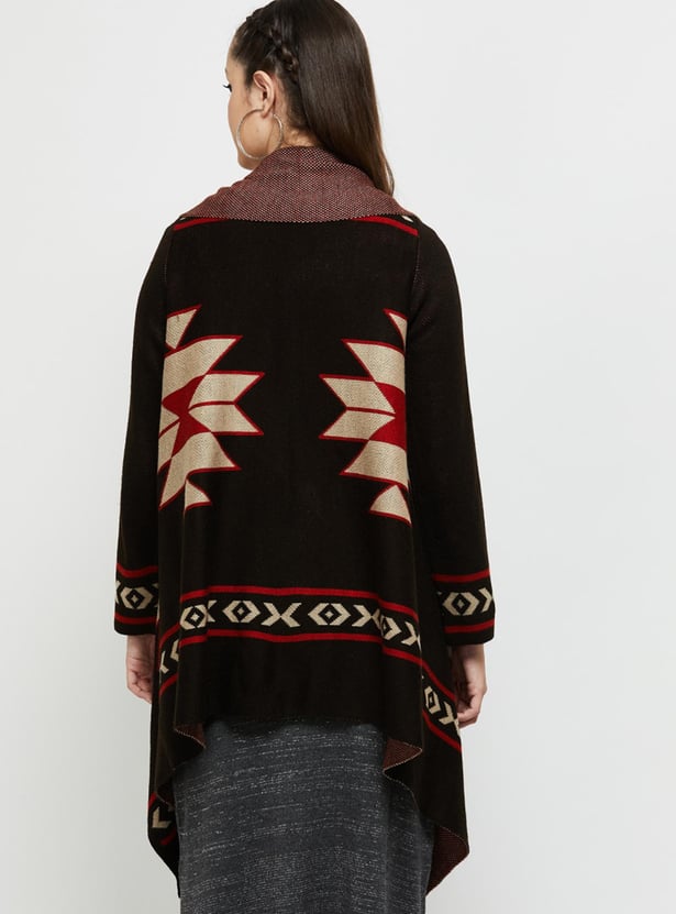 Women Aztec Printed Front-Open Shrug with Asymmetric Hem