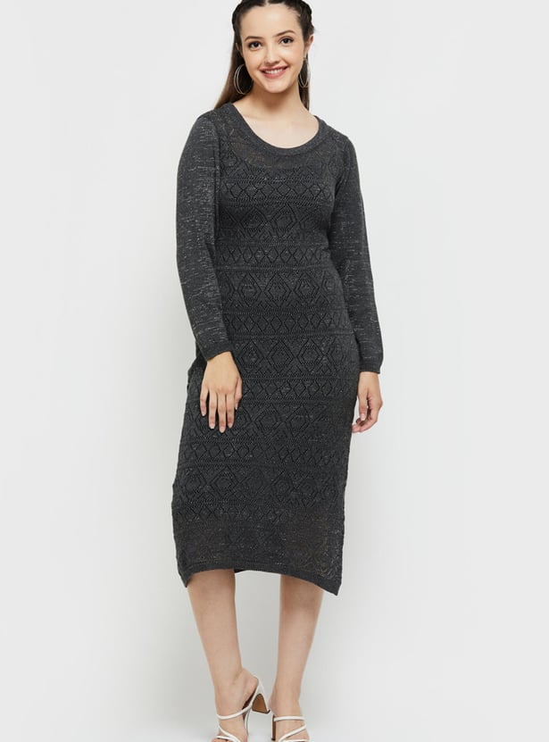 Women Textured Full Sleeves Knitted Midi Dress