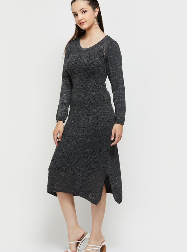 Women Textured Full Sleeves Knitted Midi Dress