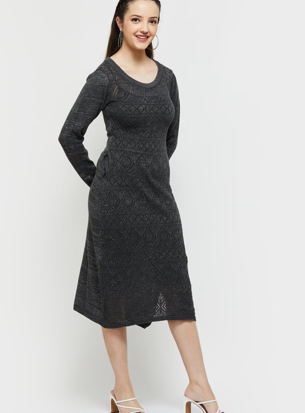Women Textured Full Sleeves Knitted Midi Dress