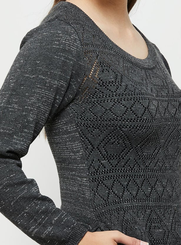 Women Textured Full Sleeves Knitted Midi Dress