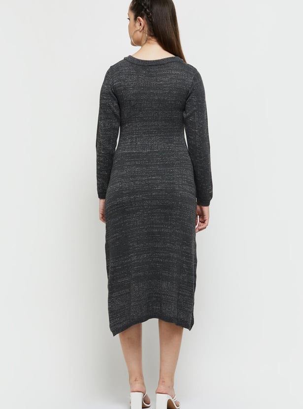 Women Textured Full Sleeves Knitted Midi Dress