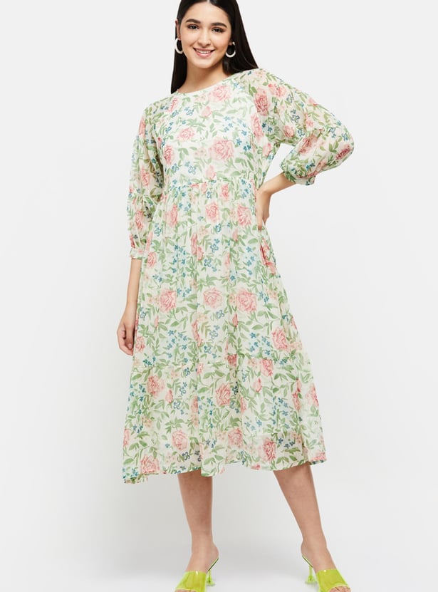 Women Floral Printed Three-Quarter Sleeves Midi Dress