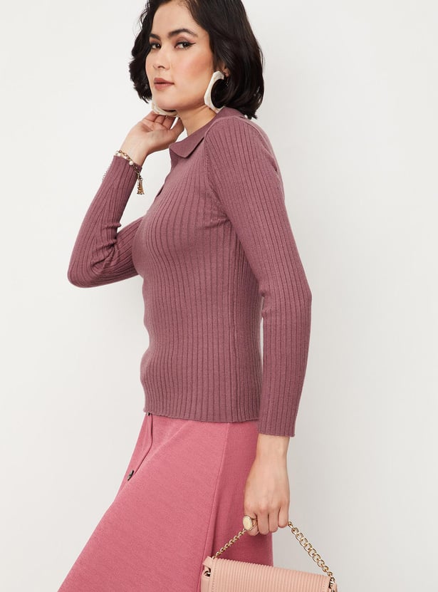 Women Rib Knit Collared Top