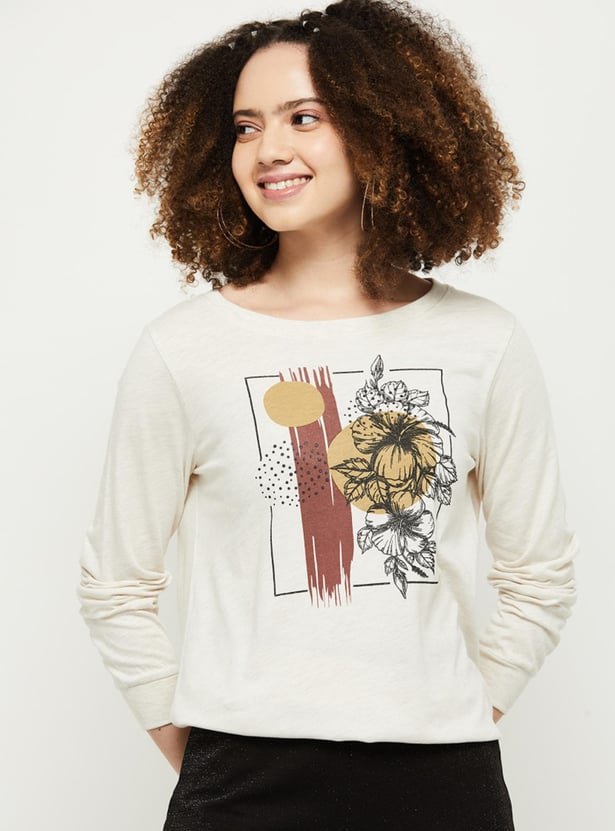 Women Printed Full Sleeves Crop T-shirt