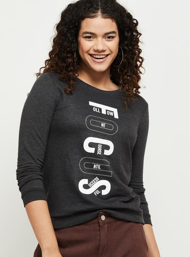 Women Typographic Printed Round Neck Sweatshirt