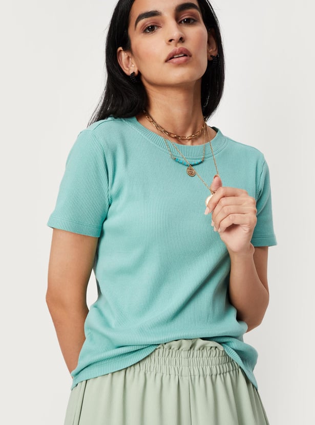 Women Solid Short Sleeves Round Neck Knit T-shirt