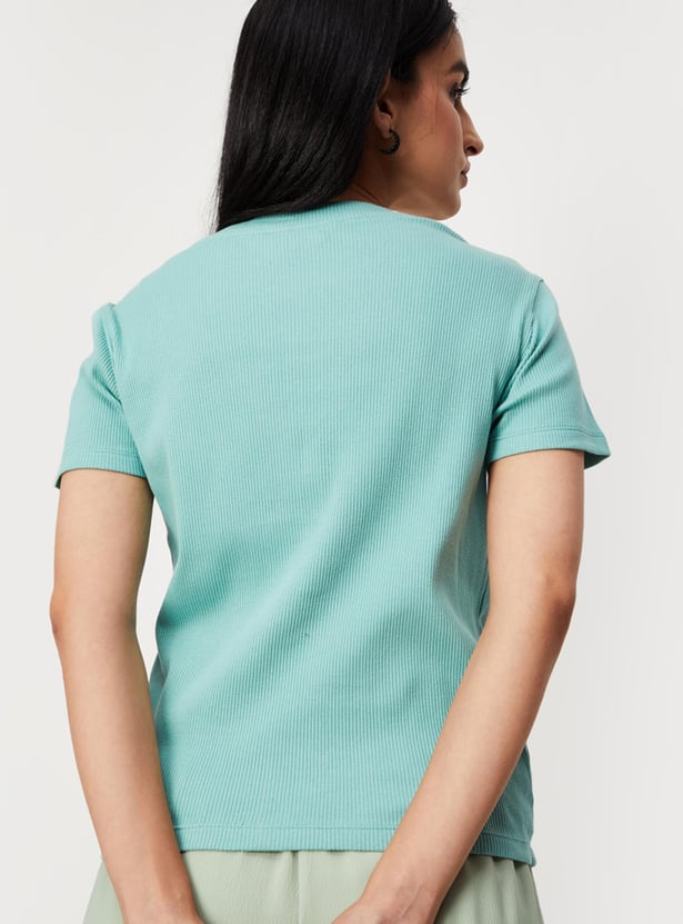 Women Solid Short Sleeves Round Neck Knit T-shirt
