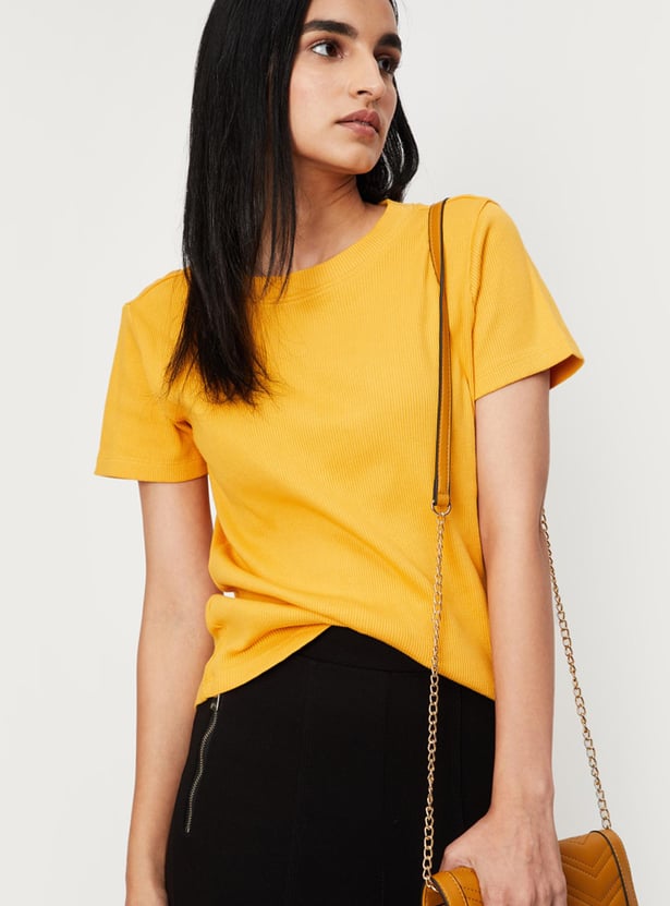 Women Solid Short Sleeves Round Neck Knit T-shirt