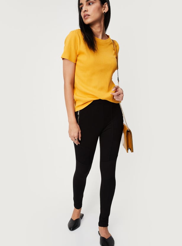 Women Solid Short Sleeves Round Neck Knit T-shirt