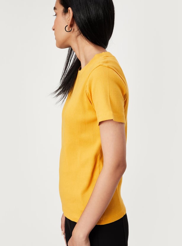 Women Solid Short Sleeves Round Neck Knit T-shirt