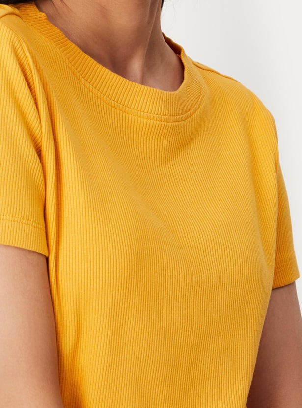 Women Solid Short Sleeves Round Neck Knit T-shirt