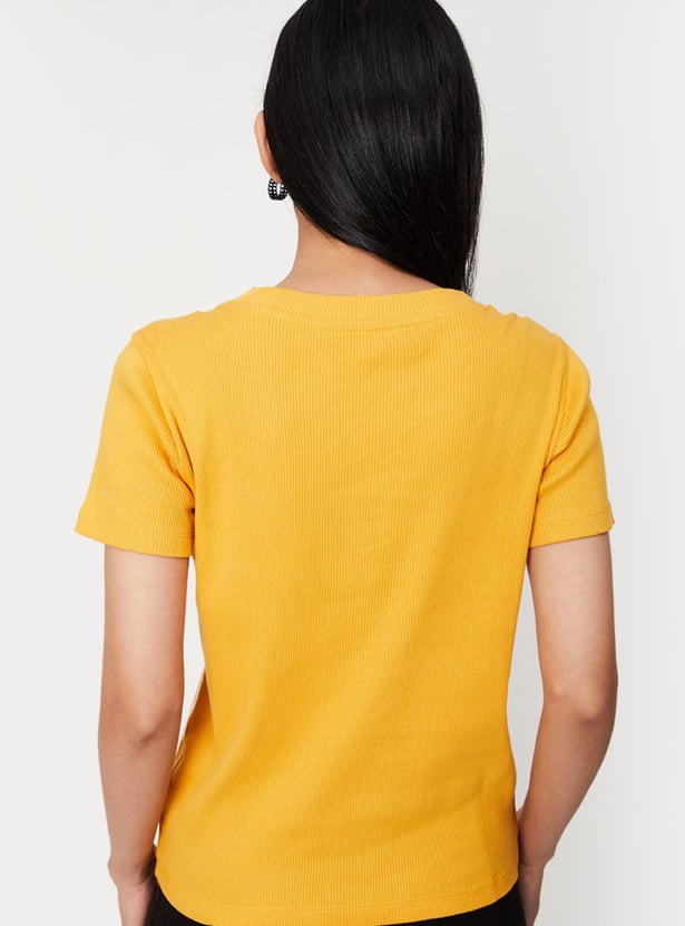 Women Solid Short Sleeves Round Neck Knit T-shirt