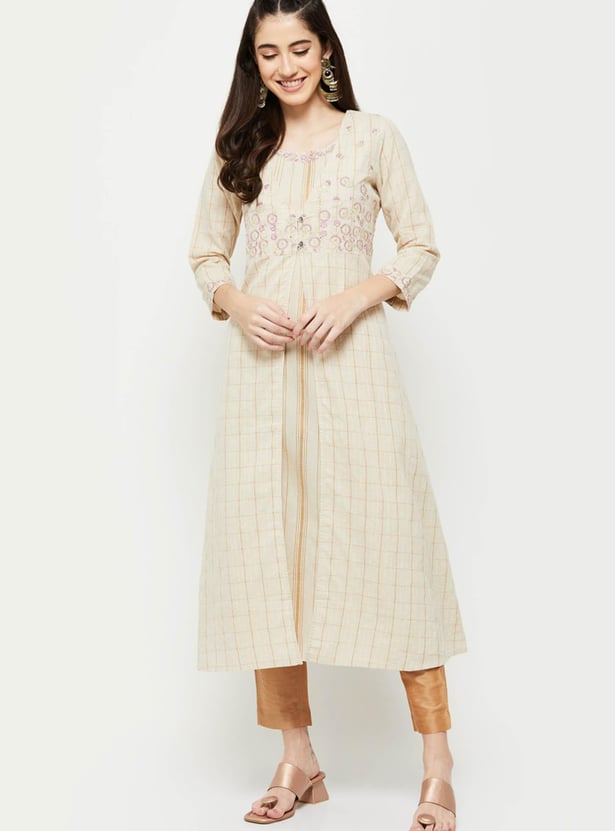 Women Striped A-line Kurta with Embroidered Long Jacket